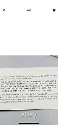 10,000 Grain Sterling Silver Bar Ingot The Franklin Mint Last of U. S. Treasury