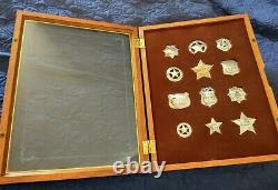 (12) FRANKLIN MINT STERLING SILVER BADGES of GREAT WESTERN LAWMEN WithDISPLAY CASE