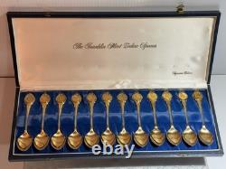 13oz Sterling Silver Spoon Set Gold Color In Case FRANKLIN MINT 925 Zodiac