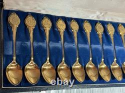 13oz Sterling Silver Spoon Set Gold Color In Case FRANKLIN MINT 925 Zodiac