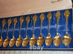 13oz Sterling Silver Spoon Set Gold Color In Case FRANKLIN MINT 925 Zodiac
