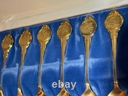 13oz Sterling Silver Spoon Set Gold Color In Case FRANKLIN MINT 925 Zodiac