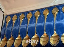 13oz Sterling Silver Spoon Set Gold Color In Case FRANKLIN MINT 925 Zodiac