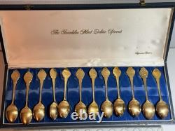 13oz Sterling Silver Spoon Set Gold Color In Case FRANKLIN MINT 925 Zodiac