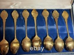 13oz Sterling Silver Spoon Set Gold Color In Case FRANKLIN MINT 925 Zodiac
