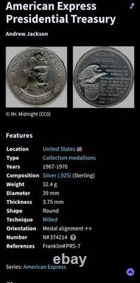 1967 American Express Presidential Treasury Andrew Jackson. 925 Sterling Silver