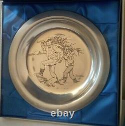 1970 Franklin Mint Sterling 925 Bringing Home the Tree Norman Rockwell Plate NIB