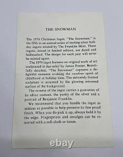1974 FRANKLIN MINT CHRISTMAS INGOT SNOWMAN 2.11 Oz SOLID STERLING SILVER USA