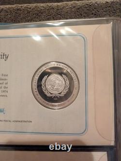 1974 UN Medallic First Day Covers, 5 Sterling Silver Medals, Franklin Mint COA