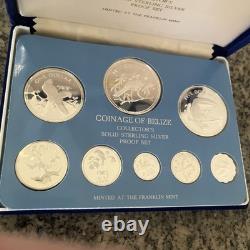 1975 Belize Proof Sterling Silver Coin Set 8 Coins Franklin Mint Box & COA