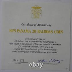 1975 Panama 20 Balboas Proof. 925 Sterling Silver Franklin Mint with COA & Box
