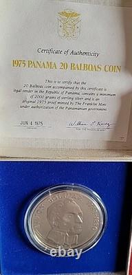 1975 Republic of Panama 20 Balboas Sterling Silver Proof Coin Franklin Mint wCOA