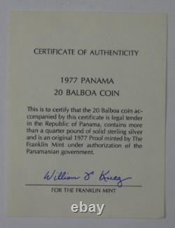 1977 Panama 20 Balboas Proof. 925 Sterling Silver Franklin Mint with Box + COA