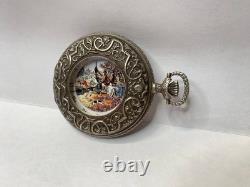 1982 Franklin Mint Huntsman Pocket Watch Swiss Hunting Scene Sterling Silver 925