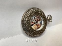 1982 Franklin Mint Huntsman Pocket Watch Swiss Hunting Scene Sterling Silver 925