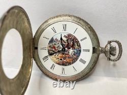 1982 Franklin Mint Huntsman Pocket Watch Swiss Hunting Scene Sterling Silver 925