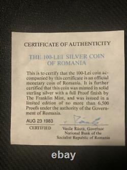 1983 100-lei Proof Sterling silver coin of Romania Franklin Mint