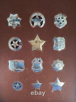 1987 Franklin Mint 12 Sterling Silver Western Lawmen Badges In Wood & Glass Case