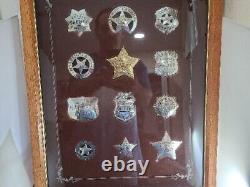1987 Franklin Mint 12 Sterling Silver Western Lawmen Badges In Wood & Glass Case