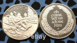2 Sterling Silver Christmas Rounds. 925, Dog & Sled, Nativity Scene, 1.57oz ASW