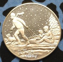 2 Sterling Silver Christmas Rounds. 925, Dog & Sled, Nativity Scene, 1.57oz ASW