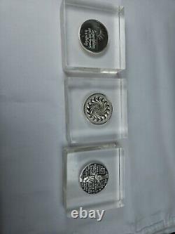 3 Franklin Mint Sterling Silver Medals Coins in Lucite Paperweights Peace, UN