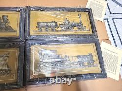 4 Franklin Mint Train Locomotive Sterling Silver Silhouettes Framed 1977 NIBs