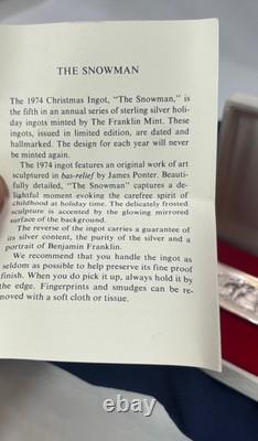 925 Sterling Silver Ingot 1974 Franklin Mint The Snowman 1000 Grains