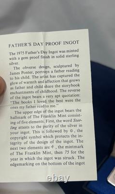 925 Sterling Silver Ingot Proof 1975 Franklin Mint FATHERS DAY 1000 Grains