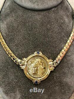 ATHENA Franklin Mint 1986 Coin Necklace 22K Gold Plated Sterling Silver Sapphire