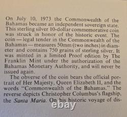 Bahamas 1973 10 Dollar Sterling Silver Proof Coin Franklin Mint Independence COA