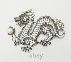 Detailed vintage sterling silver crystals pearl Dragon brooch pin Franklin Mint