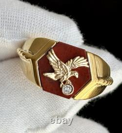 FRANKLIN MINT 925 Sterling/10K Gold Eagle Vintage Diamond Red Jasper Ring Sz 11