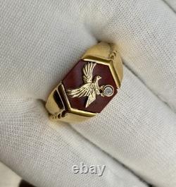 FRANKLIN MINT 925 Sterling/10K Gold Eagle Vintage Diamond Red Jasper Ring Sz 11