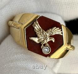 FRANKLIN MINT 925 Sterling/10K Gold Eagle Vintage Diamond Red Jasper Ring Sz 11