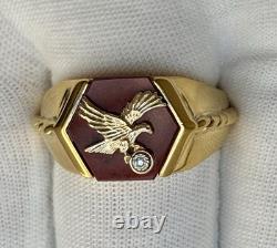 FRANKLIN MINT 925 Sterling/10K Gold Eagle Vintage Diamond Red Jasper Ring Sz 11