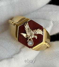 FRANKLIN MINT 925 Sterling/10K Gold Eagle Vintage Diamond Red Jasper Ring Sz 11