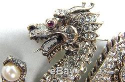 FRANKLIN MINT STERLING SILVER DRAGON BROOCH +COA Sparkling Dazzle + RUBY & PEARL