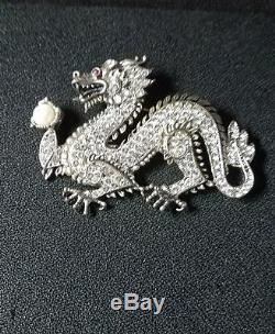 FRANKLIN MINT STERLING SILVER DRAGON BROOCH Sparkling Dazzle + RUBY & PEARL