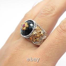 FRANKLIN MINT Sterling Silver 2-Tone Real Ruby Black Spinel Griffin Ring Size 12