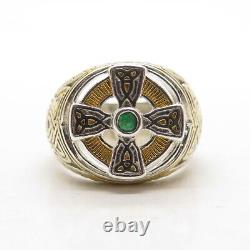 FRANKLIN MINT Sterling Silver 2-Tone Vintage Emerald Celtic Cross Ring Size 9