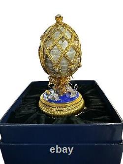 Faberge Sterling Silver Swan Lake Blue And Whie Enamel Egg withPearls And Saphire