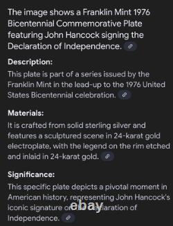 Franklin Mint 1976 John Hancock Bicentennial Commemorative Plate Sterling/Gold