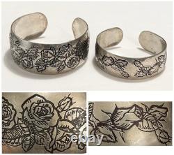 Franklin Mint 1978 Sterling Silver Rose Flower Mother Child Sz Cuff Bracelet Set