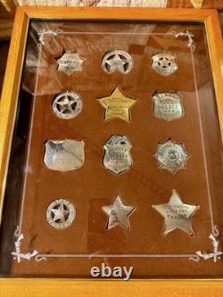 Franklin Mint 1987 Great Western Lawmen Sterling Silver 12 Badge Set Oak Case