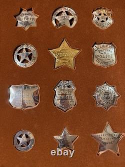 Franklin Mint 1987 Great Western Lawmen Sterling Silver 12 Badge Set Oak Case