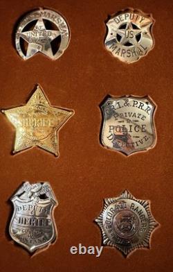 Franklin Mint 1987 Great Western Lawmen Sterling Silver 12 Badge Set Oak Case
