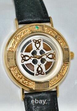 Franklin Mint 1990s 24K Sterling Celtic Cross Watch Emerald Accent Leather Band