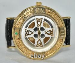 Franklin Mint 1990s 24K Sterling Celtic Cross Watch Emerald Accent Leather Band