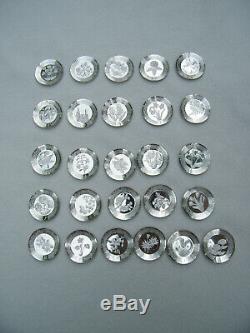 Franklin Mint 26 Sterling Silver FLORAL ALPHABET Mini Plates + Wood Shelf & COA